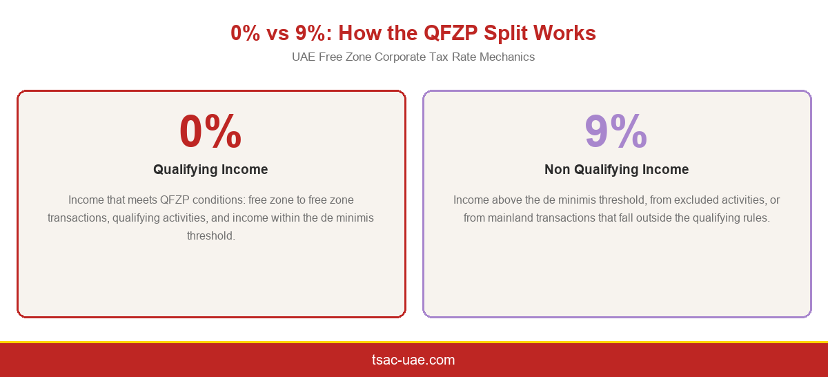 Infographic comparing the 0 percent qualifying income rate and the 9 percent non qualifying rate under the UAE QFZP regime.