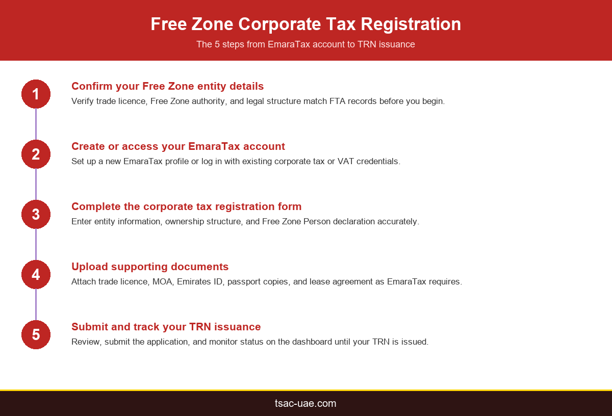 Infographic showing the five step free zone corporate tax registration uae process on EmaraTax