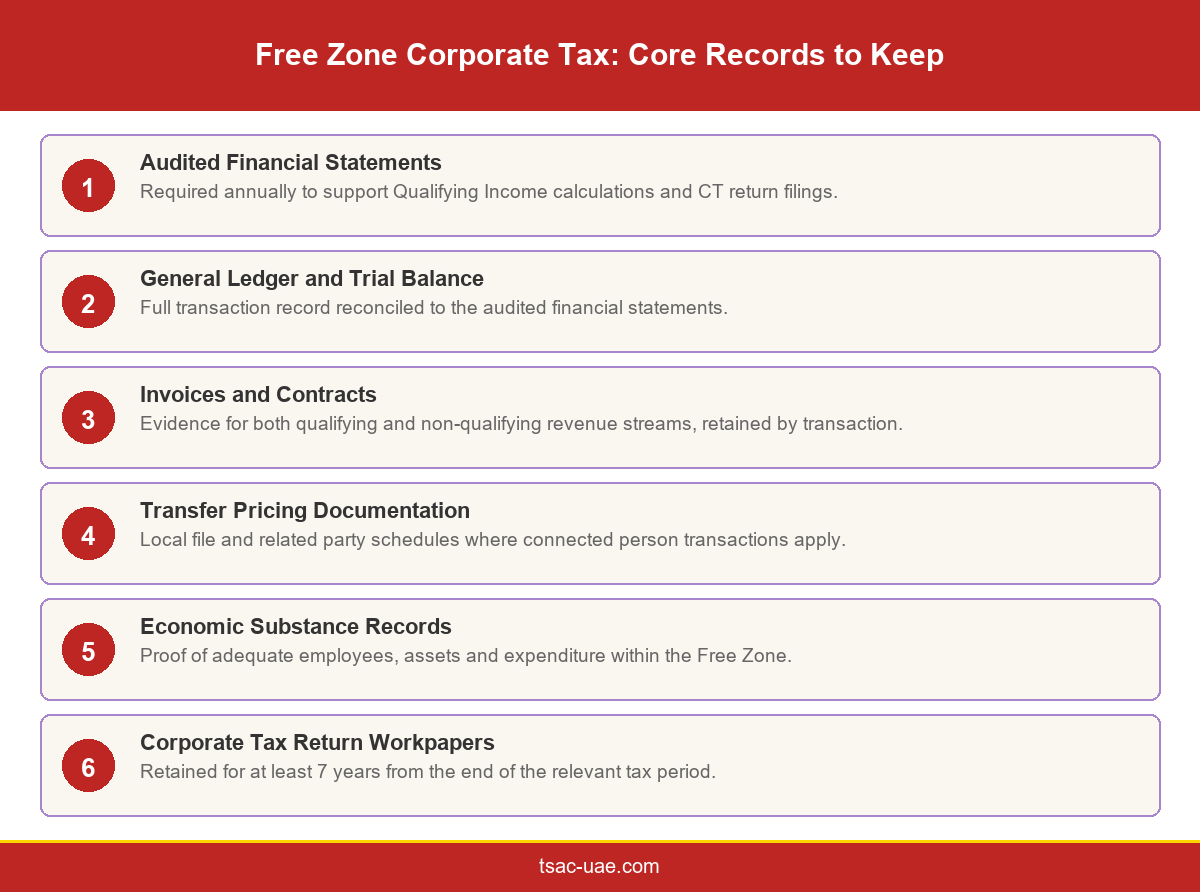 Six core records every Qualifying Free Zone Person must retain, from audited financial statements to corporate tax return workpapers kept for at least 7 years