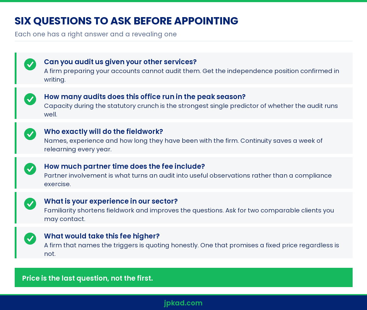 Infographic listing questions to ask when evaluating audit firms in thrissur