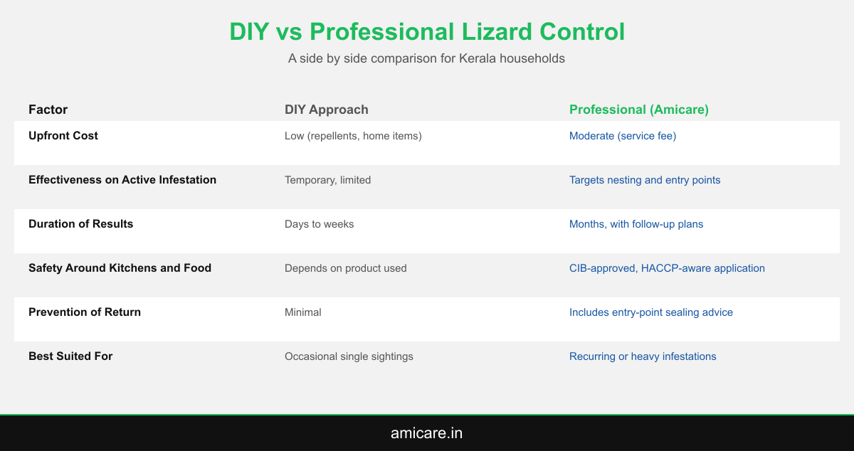 Infographic comparing DIY lizard control methods against professional lizard control services on cost, effectiveness, and safety