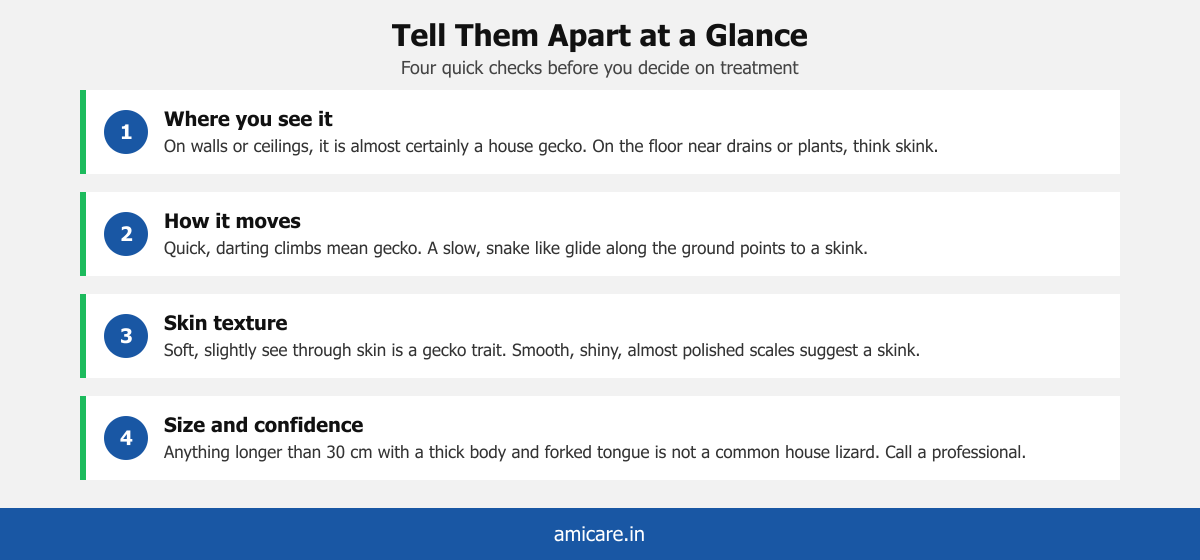Four point checklist infographic for telling geckos, skinks and monitor lizards apart at a glance