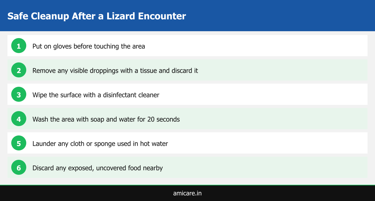 Six step infographic showing how to safely clean up after a lizard encounter in a Kerala kitchen