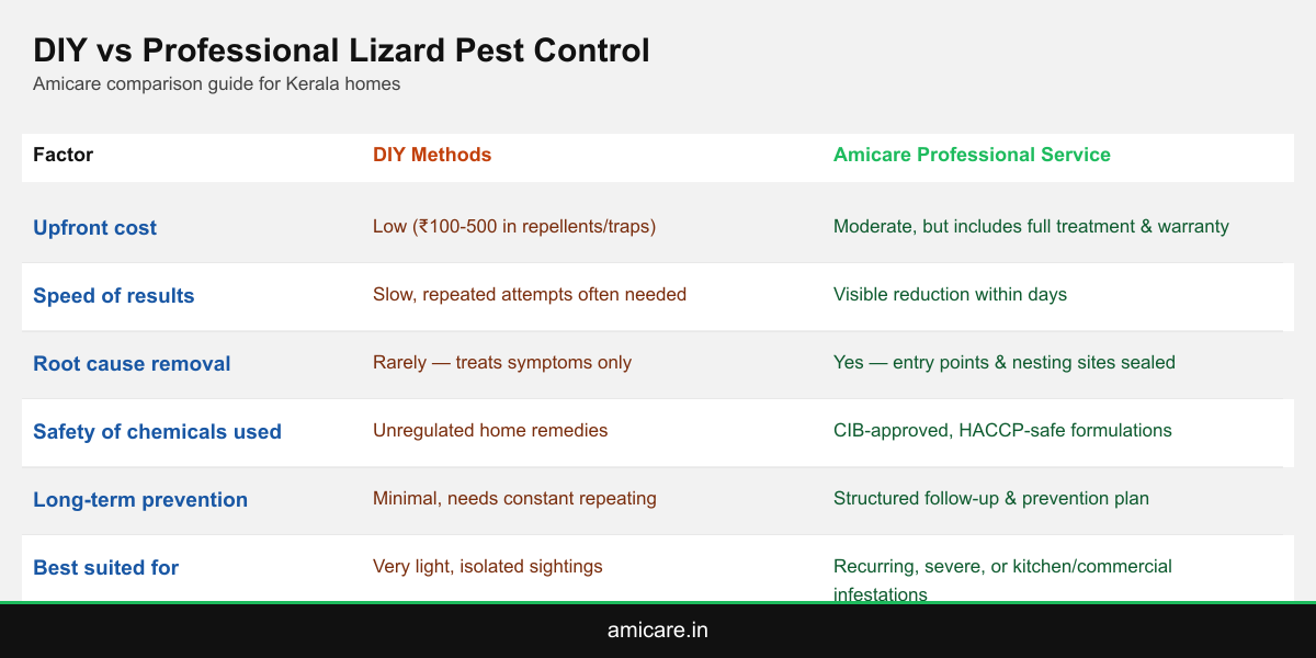 Infographic showing how DIY lizard remedies compare to Amicare professional lizard pest control across cost, speed and long term prevention
