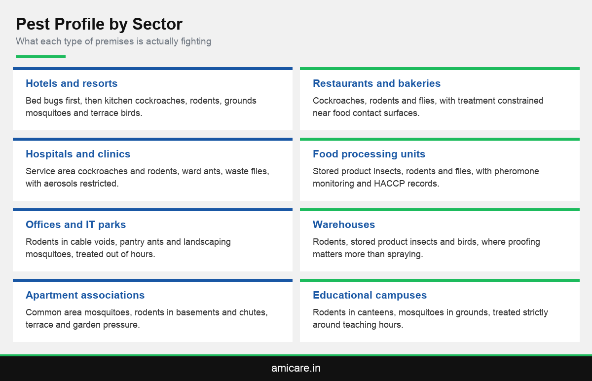 Infographic grid showing pest profiles by sector for commercial pest control services in Kerala