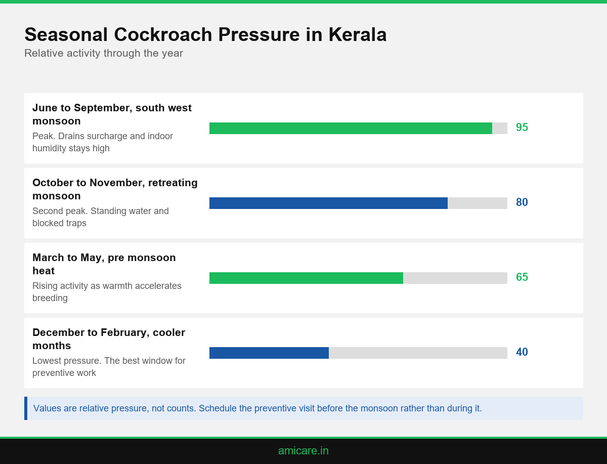 Infographic showing seasonal cockroach pressure through the year in Kerala