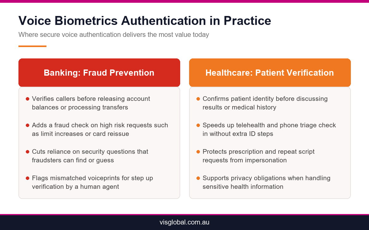 Comparison infographic of voice biometrics authentication use cases in banking fraud prevention and healthcare patient verification