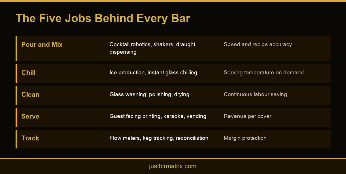 Infographic showing the five layers of bar automation from pour and mix through to serve and track
