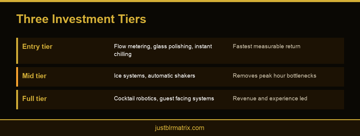 Infographic showing entry, mid and full tier bar automation investment stages and what each includes