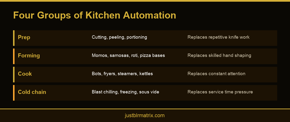 Infographic showing the four equipment groups in restaurant kitchen automation and the labour each replaces