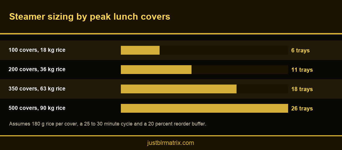 Bar chart showing how many trays an automatic commercial steamer needs at different peak lunch cover counts