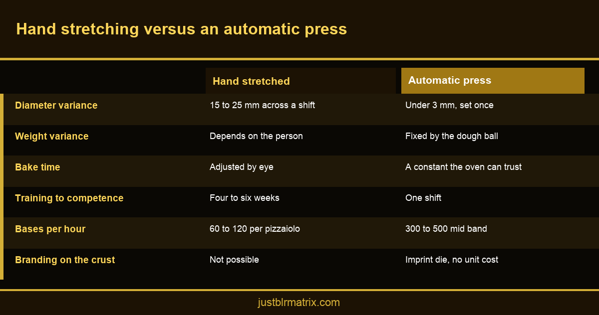 Comparison infographic of hand stretched pizza bases against an automatic pizza dough press