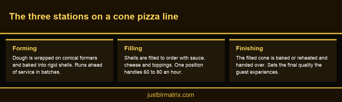 Infographic showing the three stations of a commercial pizza cone line: forming, filling and finishing