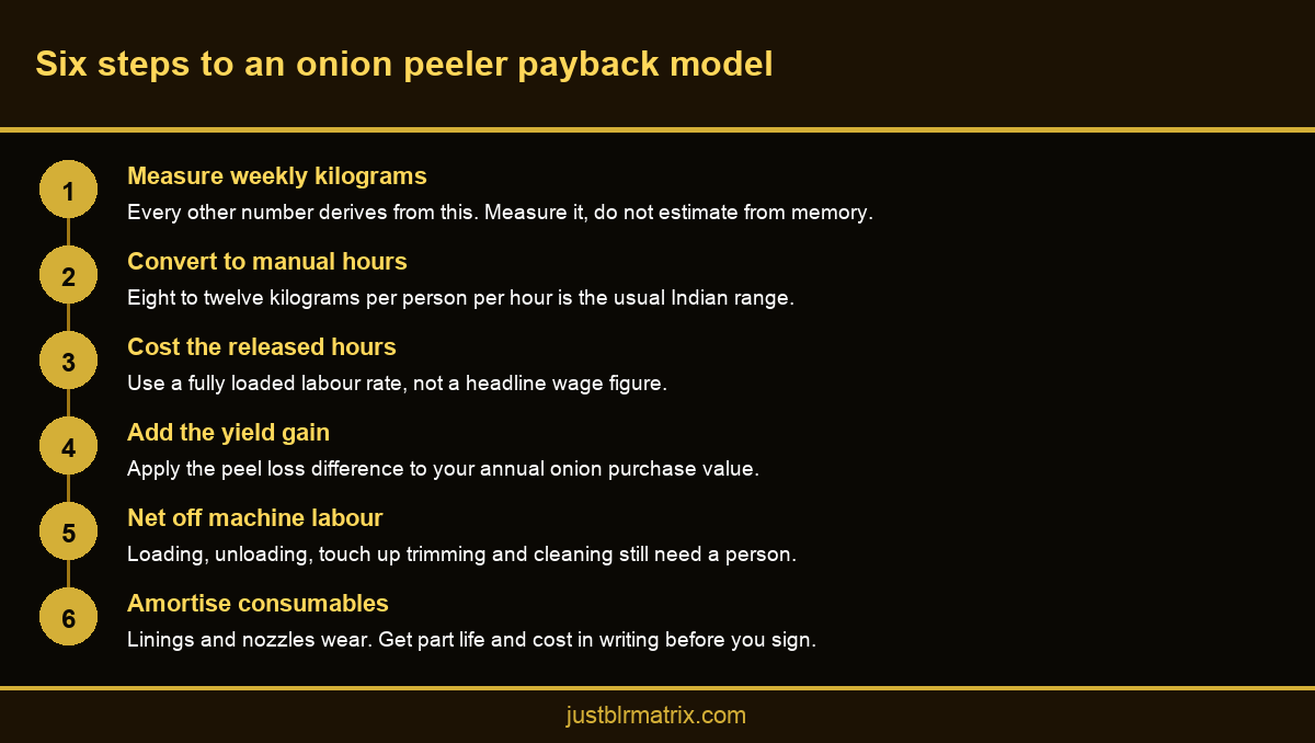Six step infographic showing how to build a payback model for a commercial onion peeling machine