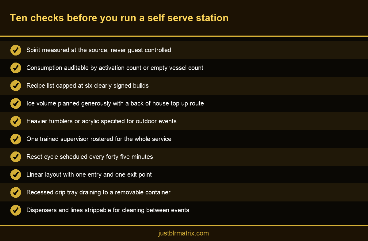 Checklist infographic of ten operational checks for a DIY self serve drink station