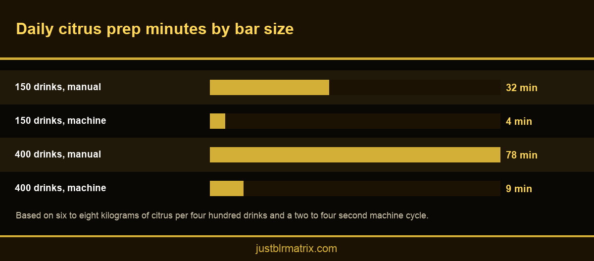 Bar chart comparing manual and automated citrus prep minutes at different bar volumes