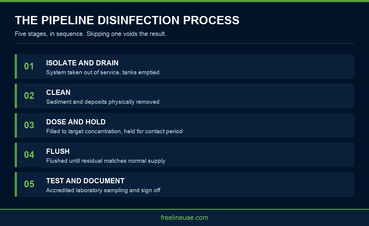 Infographic showing the five stage pipeline disinfection process from isolation to laboratory verification