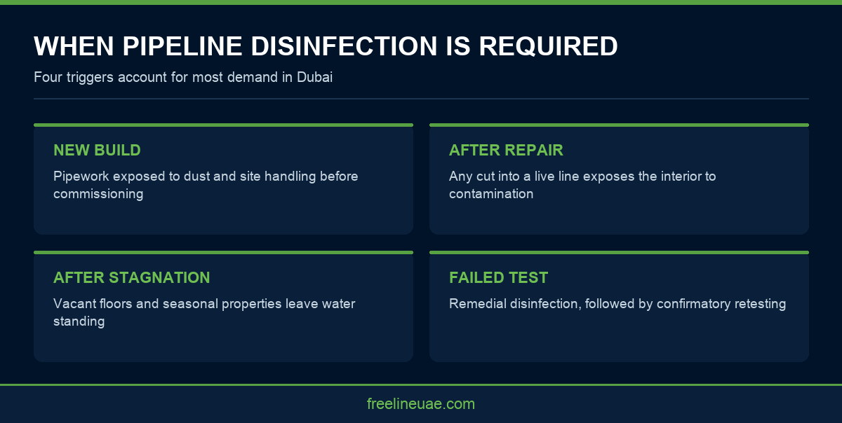 Infographic showing the four situations that require water pipeline disinfection in Dubai buildings