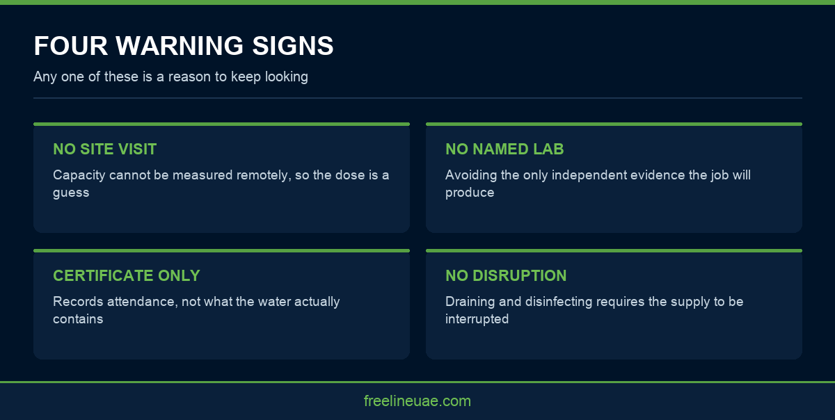 Infographic showing four warning signs when selecting a water tank cleaning company in Dubai