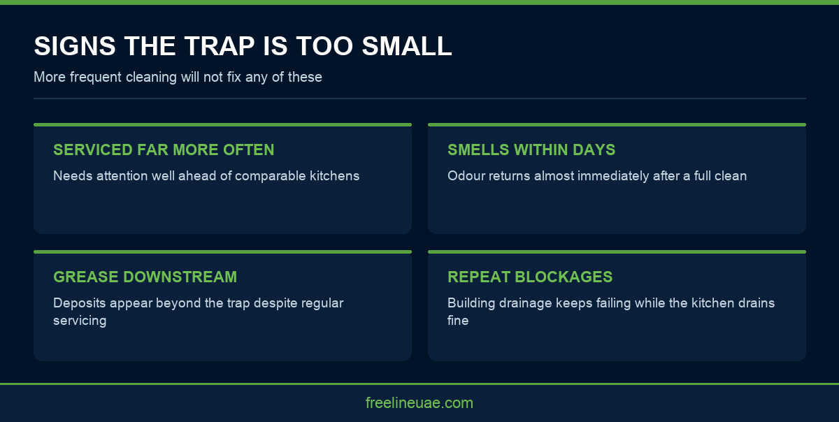 Infographic showing four symptoms of an undersized grease trap in a Dubai kitchen