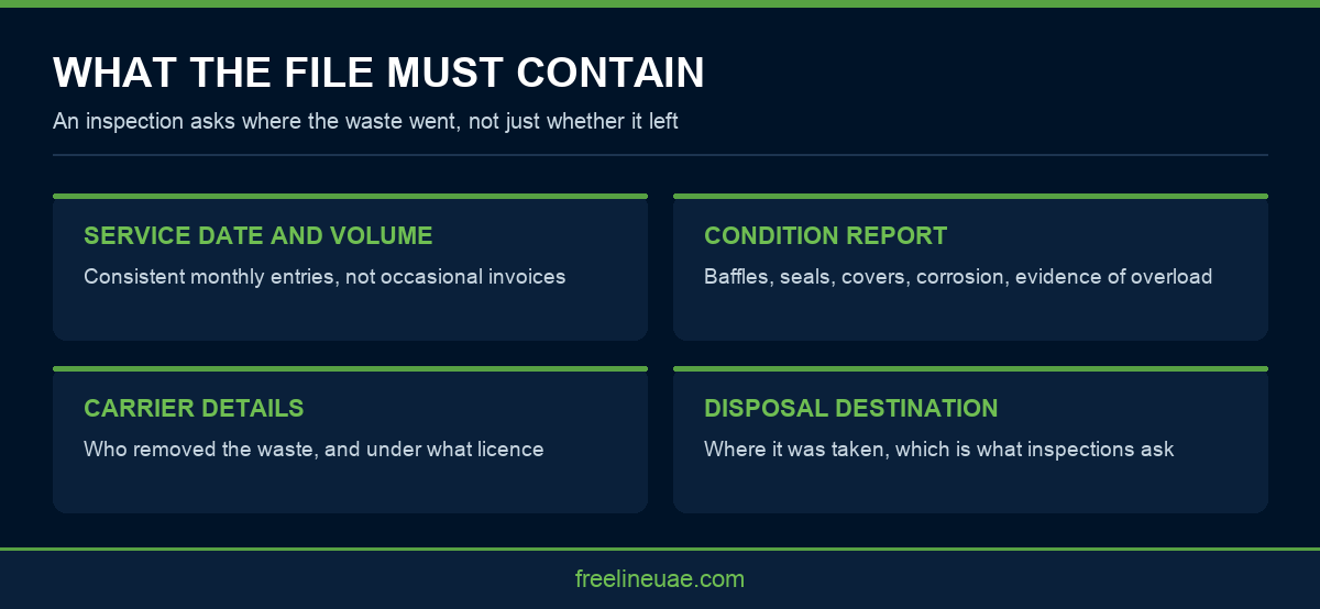 Infographic showing the five records a grease trap compliance file should contain in Dubai