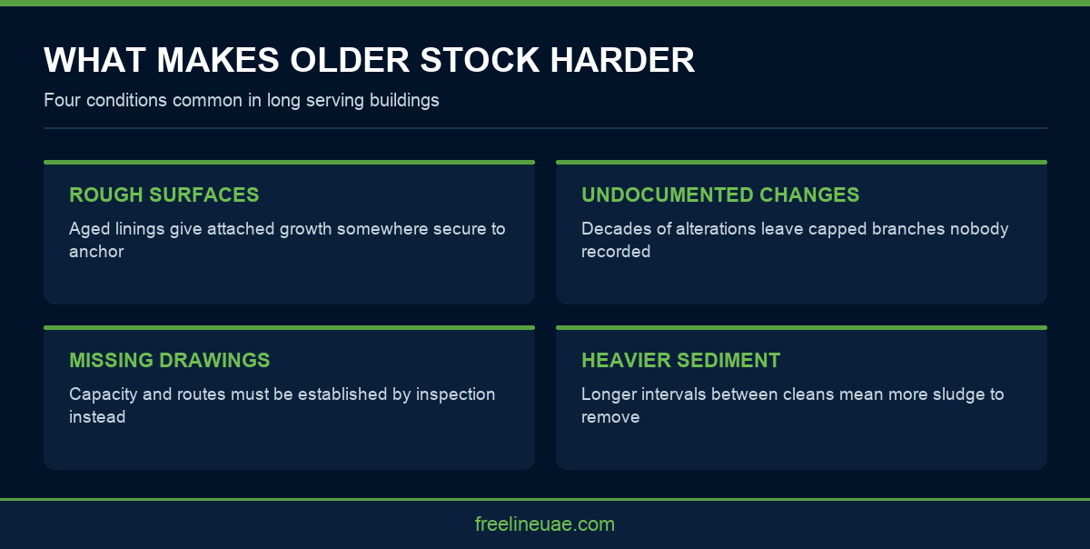 Infographic showing four factors that make water tank cleaning harder in older Sharjah buildings
