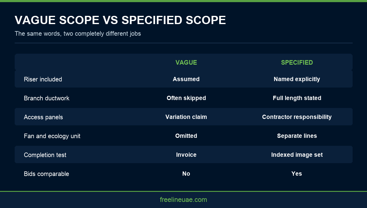 Infographic comparing a vague kitchen extract scope against a properly specified one