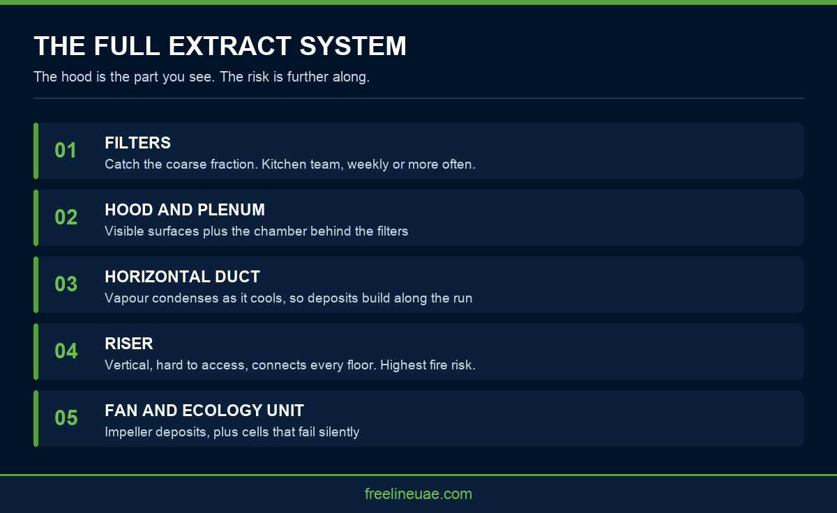 Infographic showing the components of a commercial kitchen extract system in Dubai