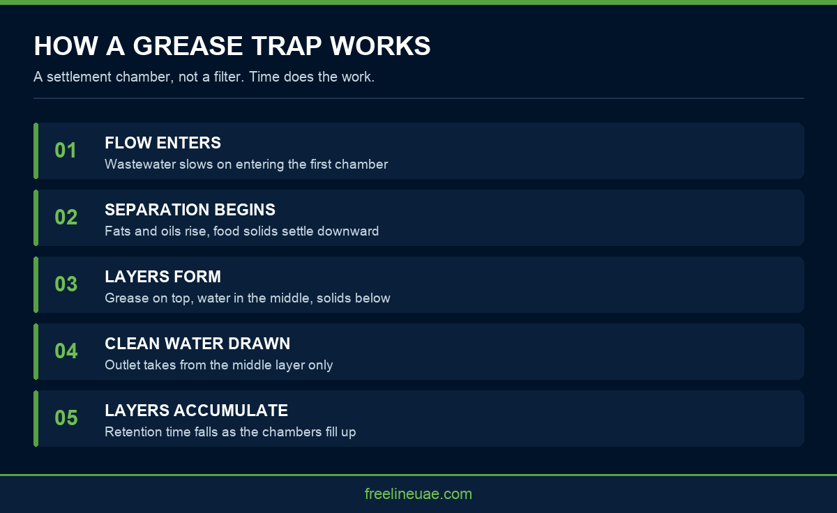 Infographic showing how a grease trap separates fats oils and grease from wastewater