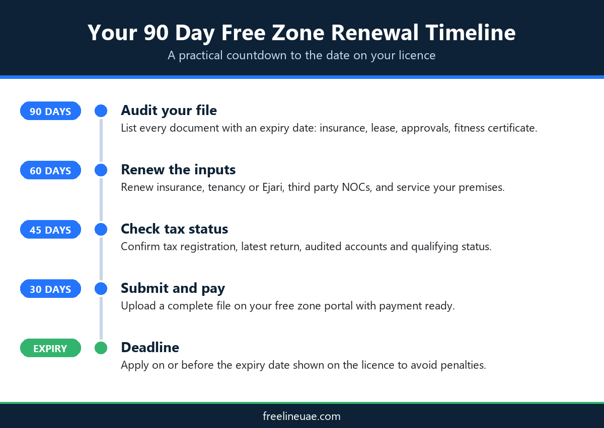 Free zone renewal timeline showing tasks at 90, 60 and 30 days before licence expiry