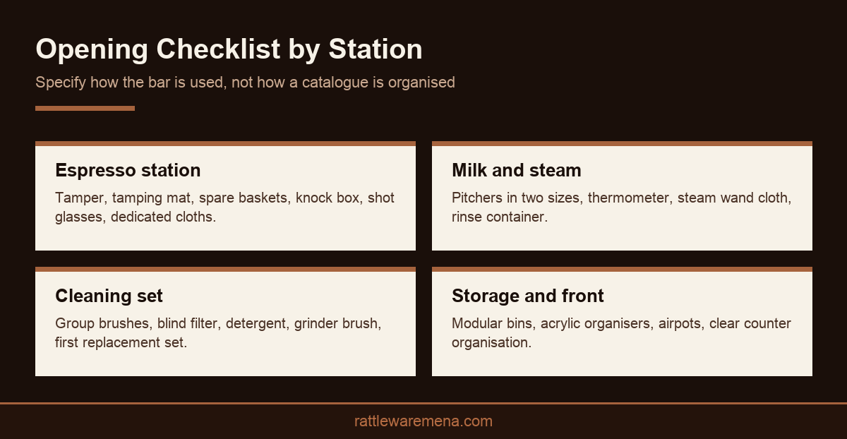 Infographic checklist of commercial coffee accessories in Dubai grouped by cafe station area