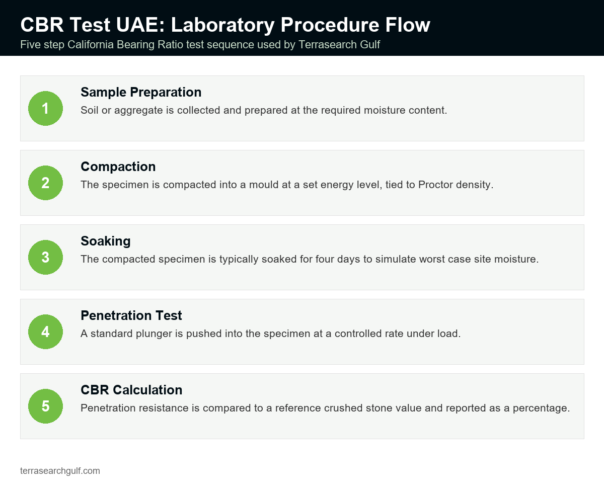 Five step diagram of the California Bearing Ratio test procedure used for road subgrade testing UAE