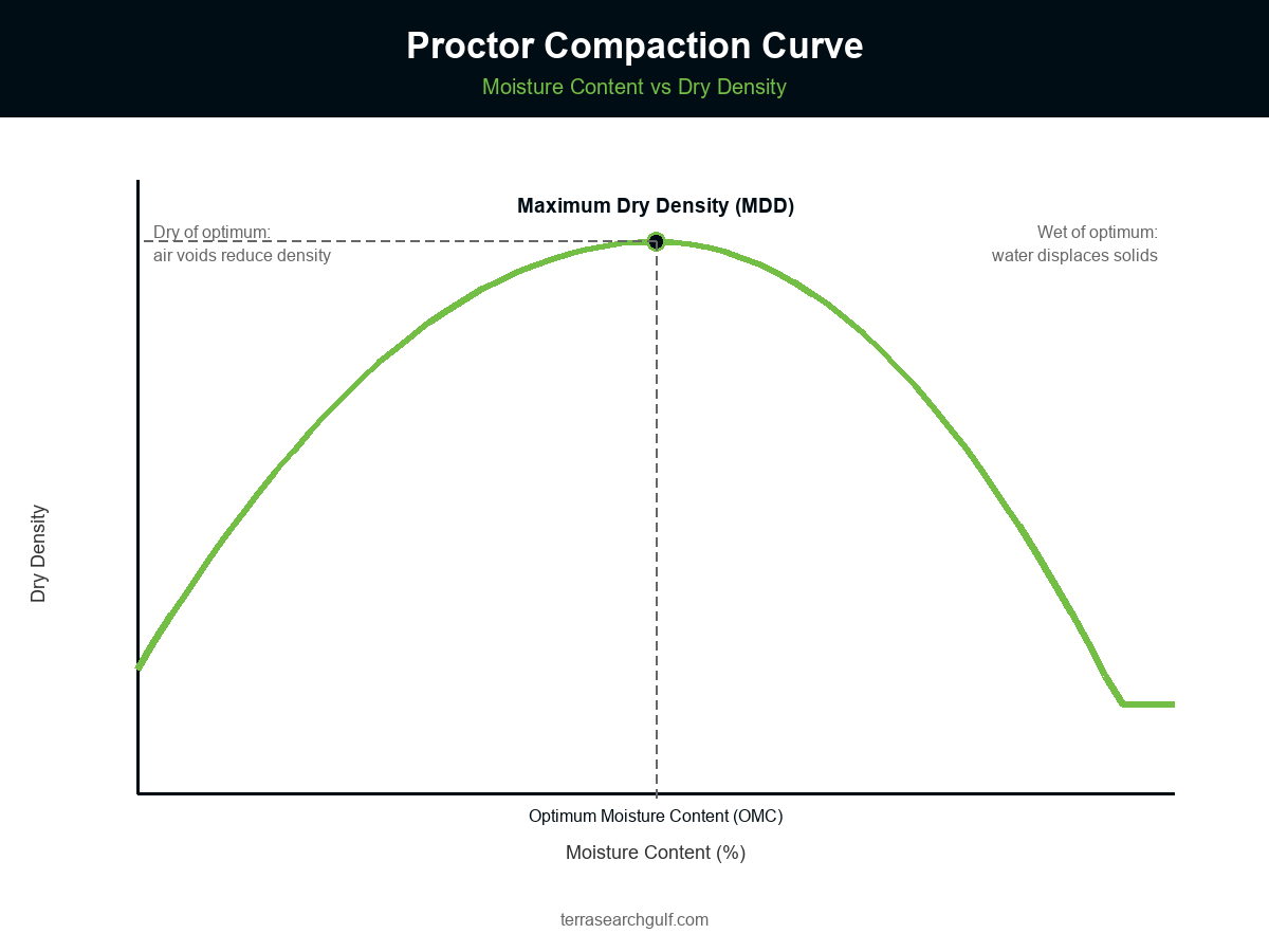 Proctor compaction curve showing optimum moisture content and maximum dry density for soil density testing uae