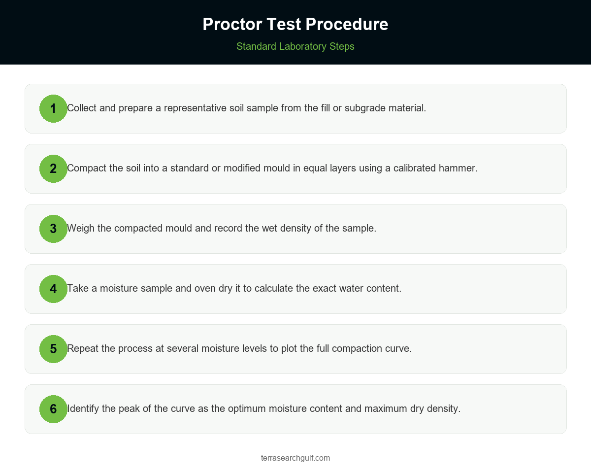 Numbered diagram of the proctor test dubai laboratory procedure from sample preparation to compaction curve