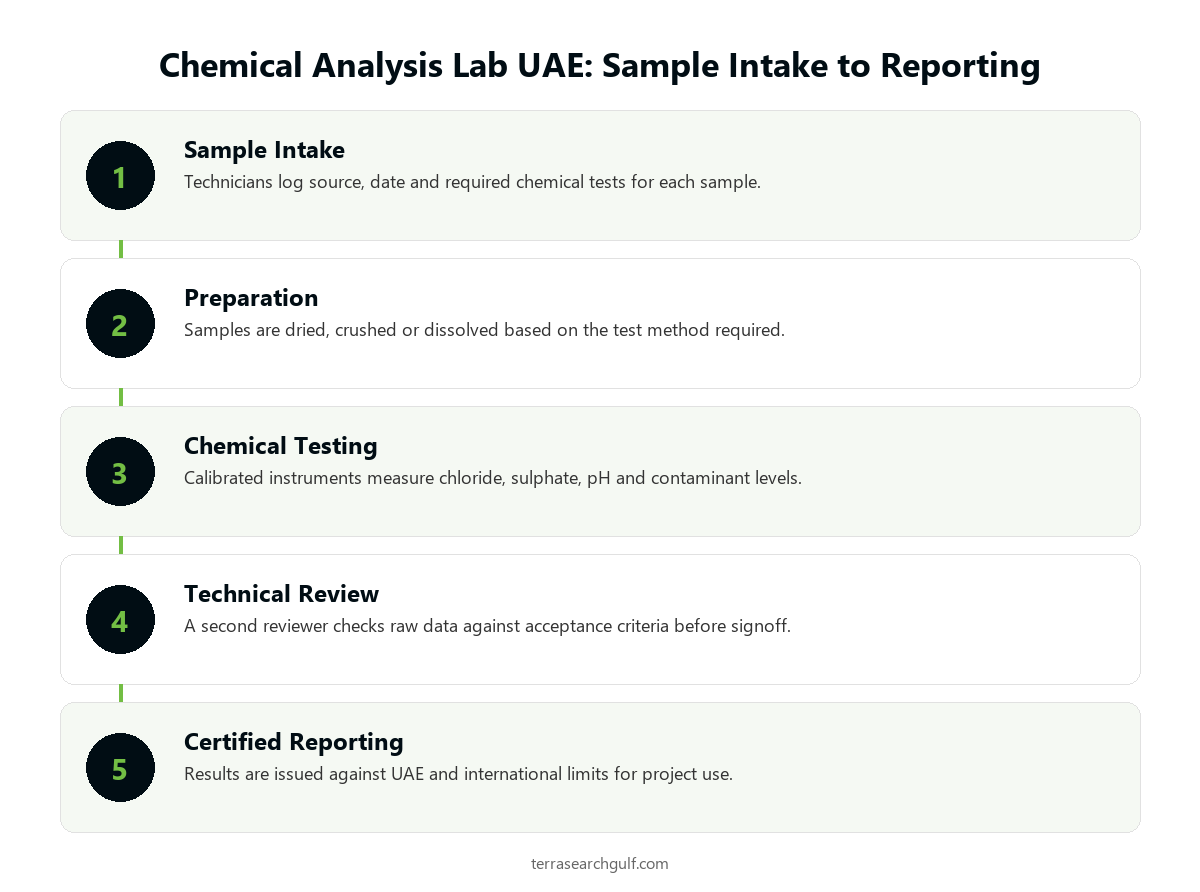 Chemical analysis lab UAE process flow from sample intake to certified reporting
