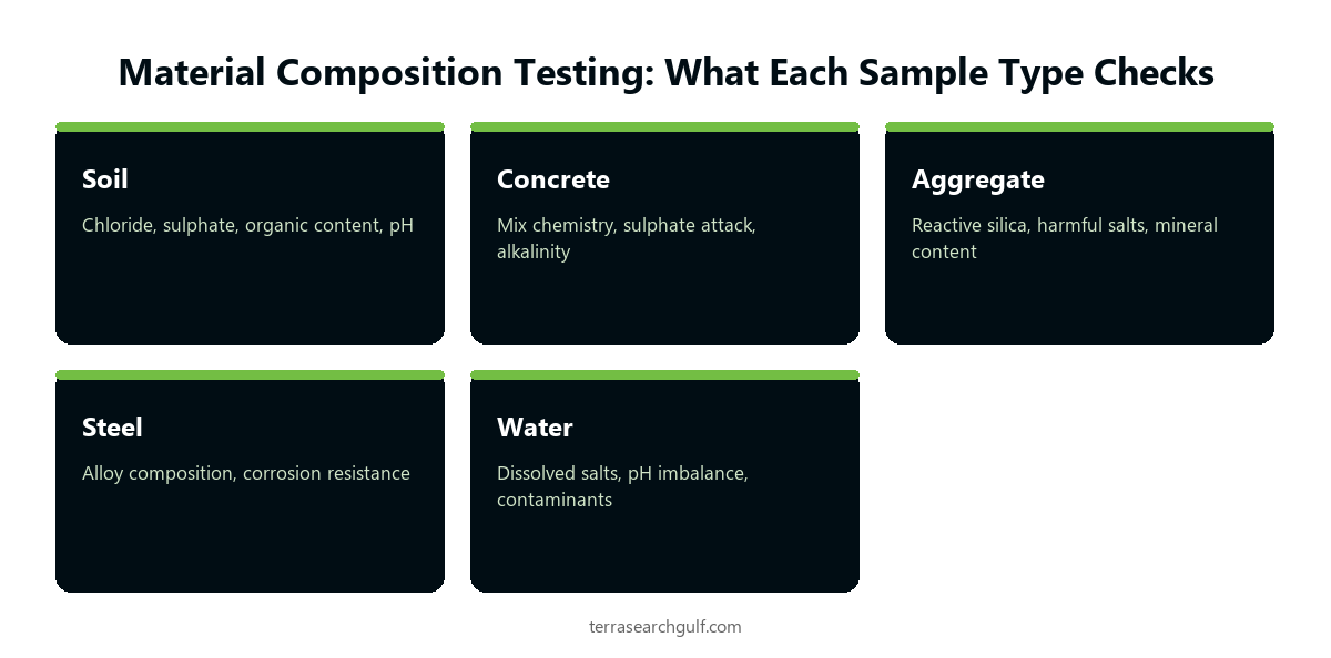 Material composition testing grid showing chemical checks for soil, concrete, aggregate, steel and water in a UAE lab