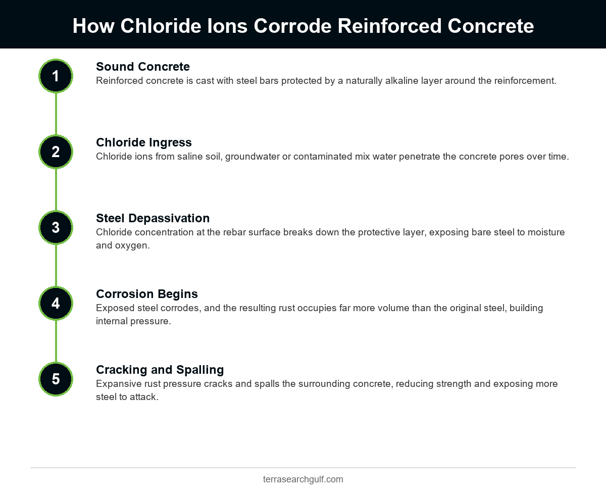 How chloride ions corrode reinforced concrete over time, from sound concrete through cracking and spalling, a key concrete corrosion protection concern in UAE construction