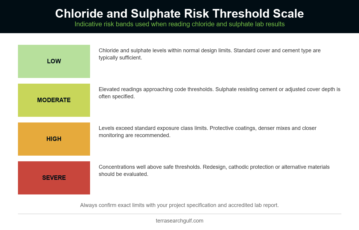Indicative chloride and sulphate risk threshold scale from low to severe, used when reading chemical analysis lab UAE test results for reinforced concrete durability