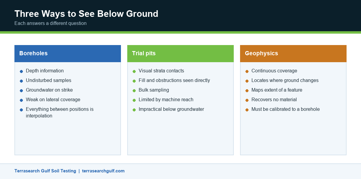 Infographic comparing boreholes, trial pits and geophysical surveys for subsurface investigation in Dubai