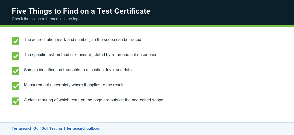 Infographic showing the five things to check on a test certificate from an EIAC accredited lab in Dubai