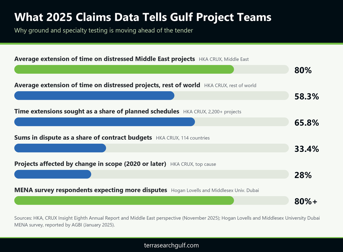 Infographic of 2025 construction claims statistics that a soil investigation and testing company Dubai 2027 tender programme responds to