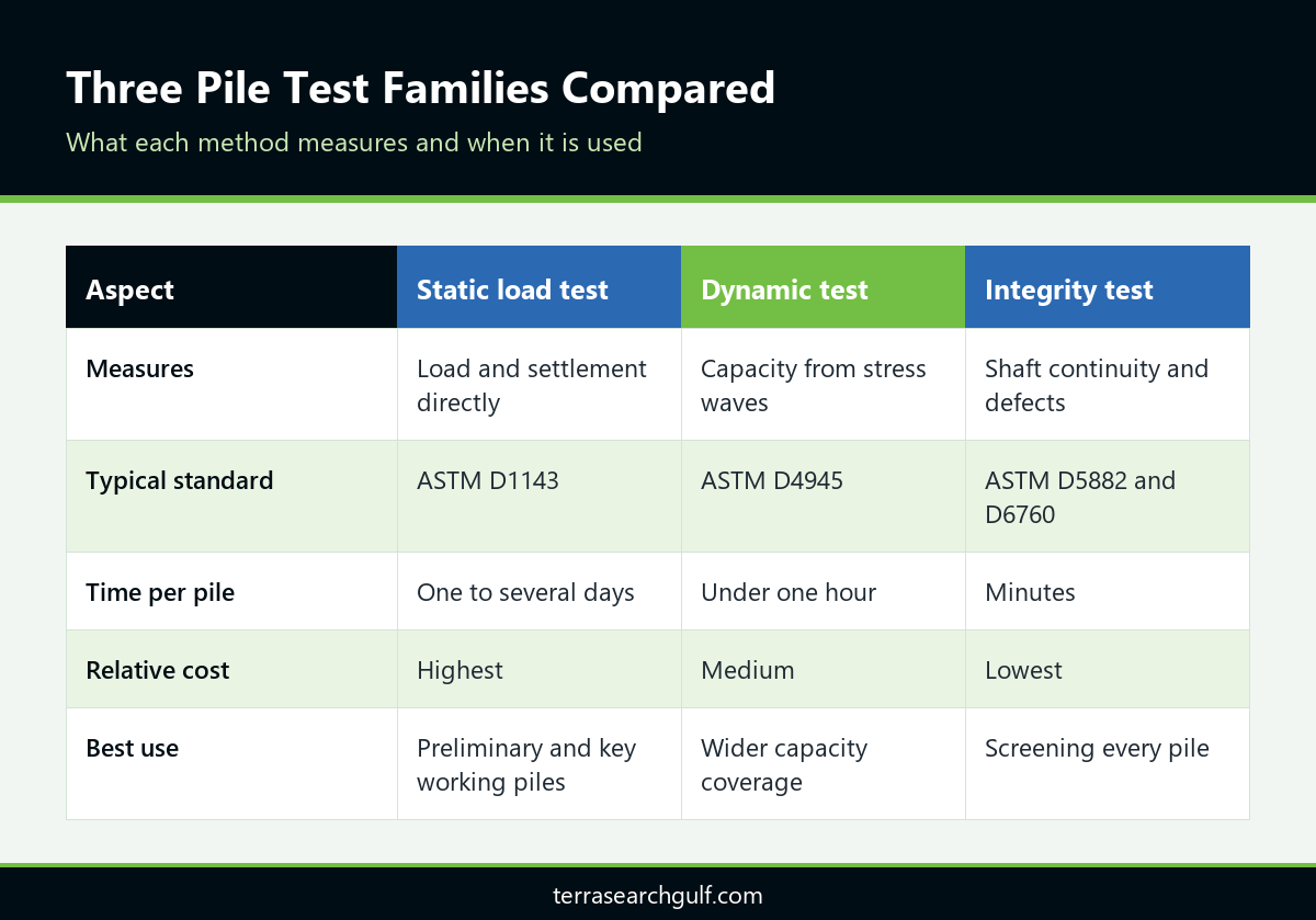 Comparison of static, dynamic and integrity methods used for pile load testing in the UAE
