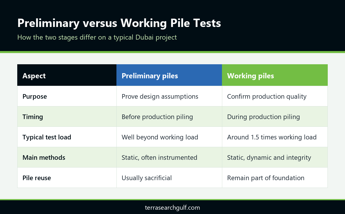 Comparison of preliminary and working pile tests under pile testing requirements in Dubai