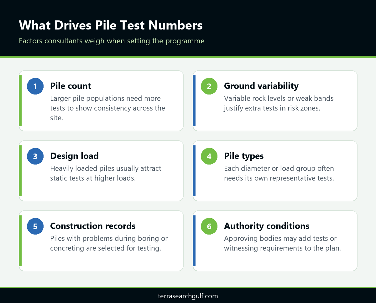 Factors that drive working pile test frequency on a pile testing dubai programme