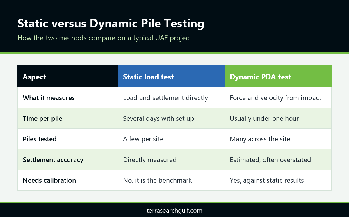 Comparison table of static tests and high strain pile test UAE dynamic methods