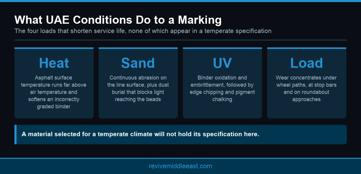 Infographic showing the environmental conditions that reduce road marking durability in the UAE
