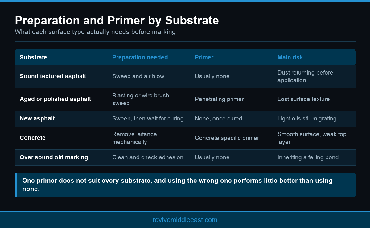 Infographic showing road marking primer selection by substrate type