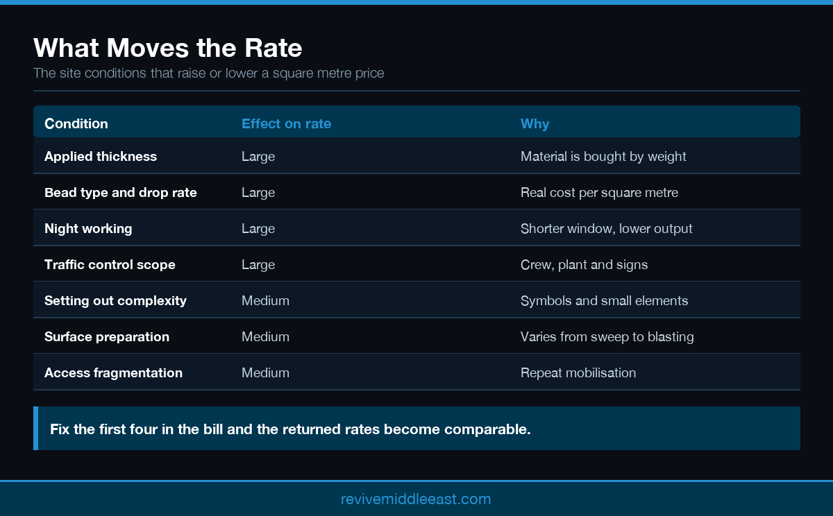 Infographic showing the conditions that raise or lower road marking cost per square metre in the UAE