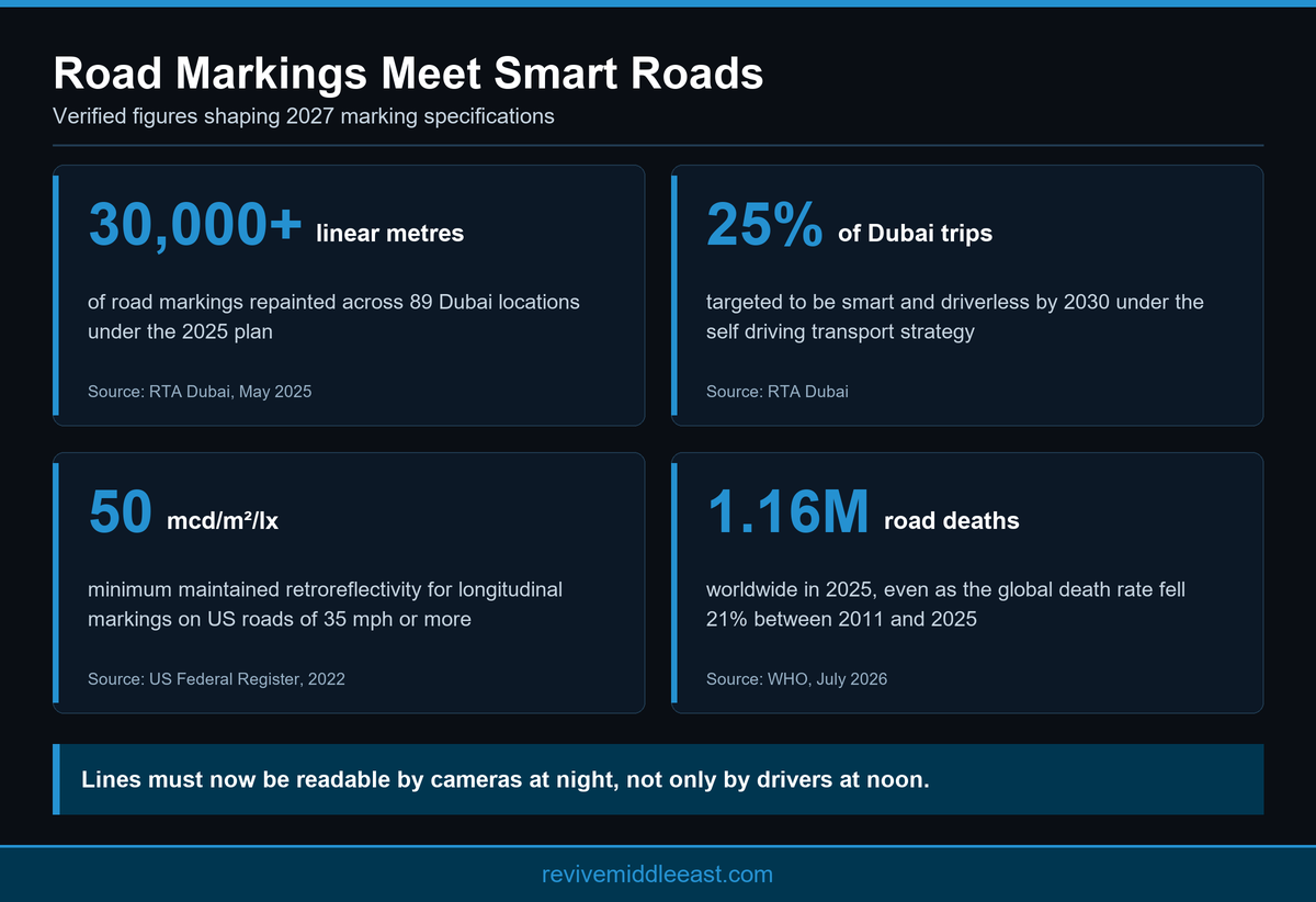 Infographic for thermoplastic road marking contractor Dubai 2027 planning, showing RTA marking renewal figures, the Dubai driverless trip target, the US retroreflectivity minimum and WHO road death statistics