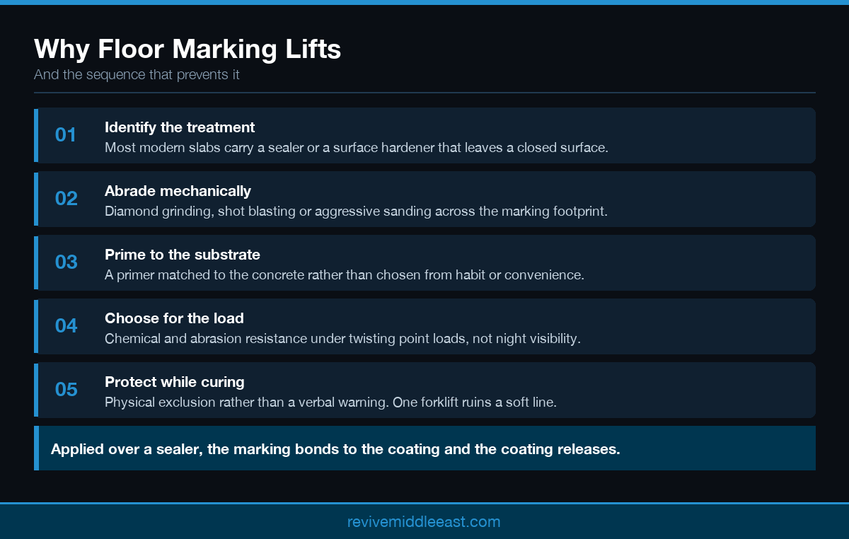 Infographic showing slab preparation steps that prevent warehouse floor marking adhesion failure